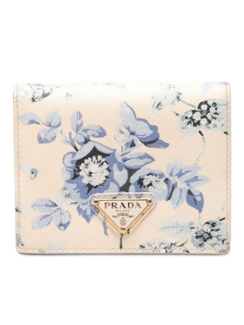Prada Flower Print Bifold Wallet Pink Blue Saffiano Leather